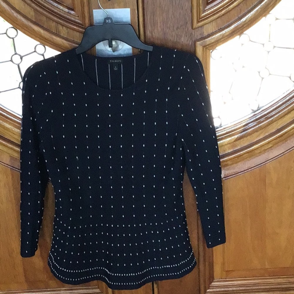 Talbots navy blue and white 3/4 sleeve pullover sweater.